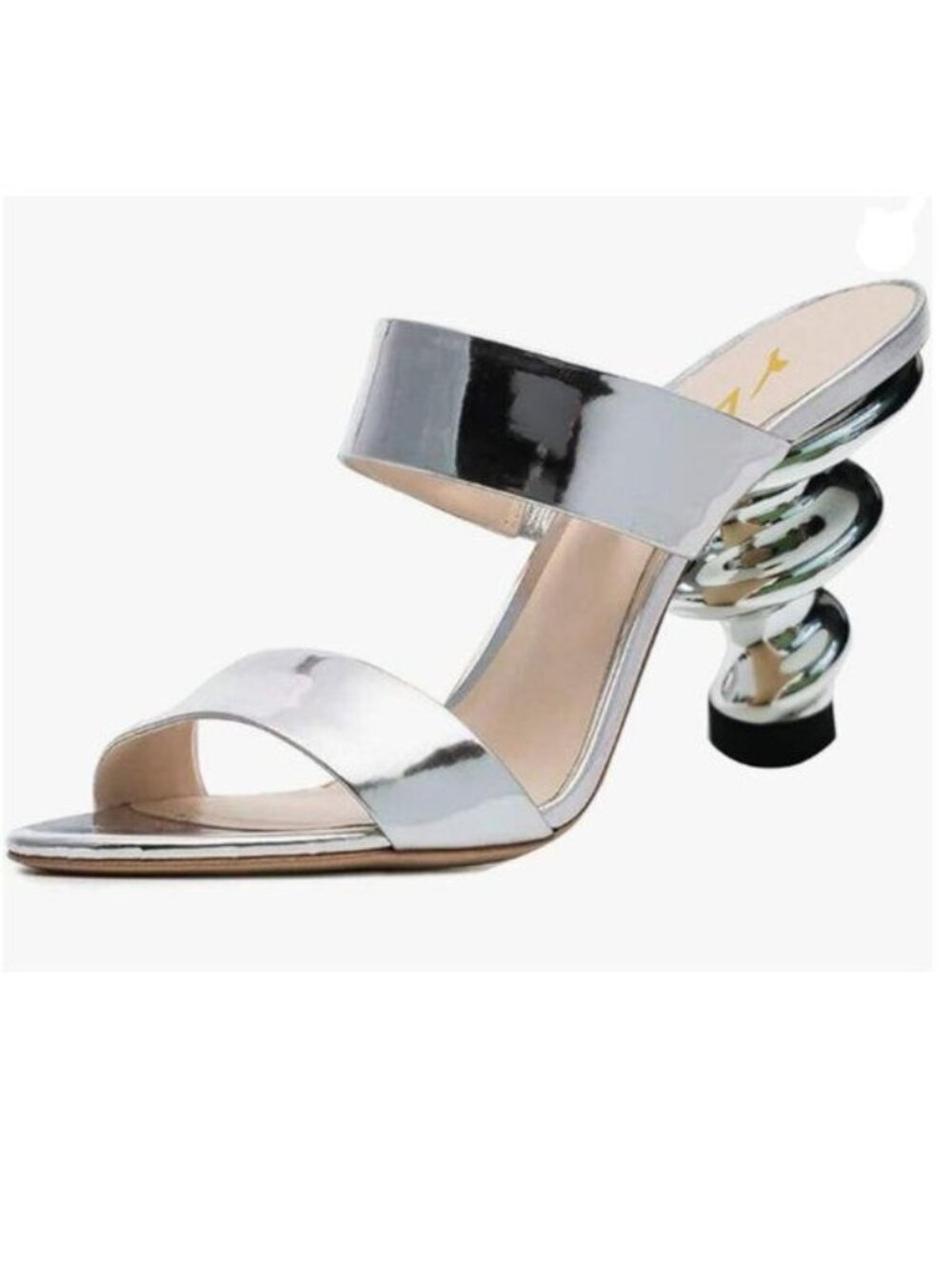 YDN Silver Spiral Mid Heels Slip On Mules Open Toe Sandals Double Straps Shoes